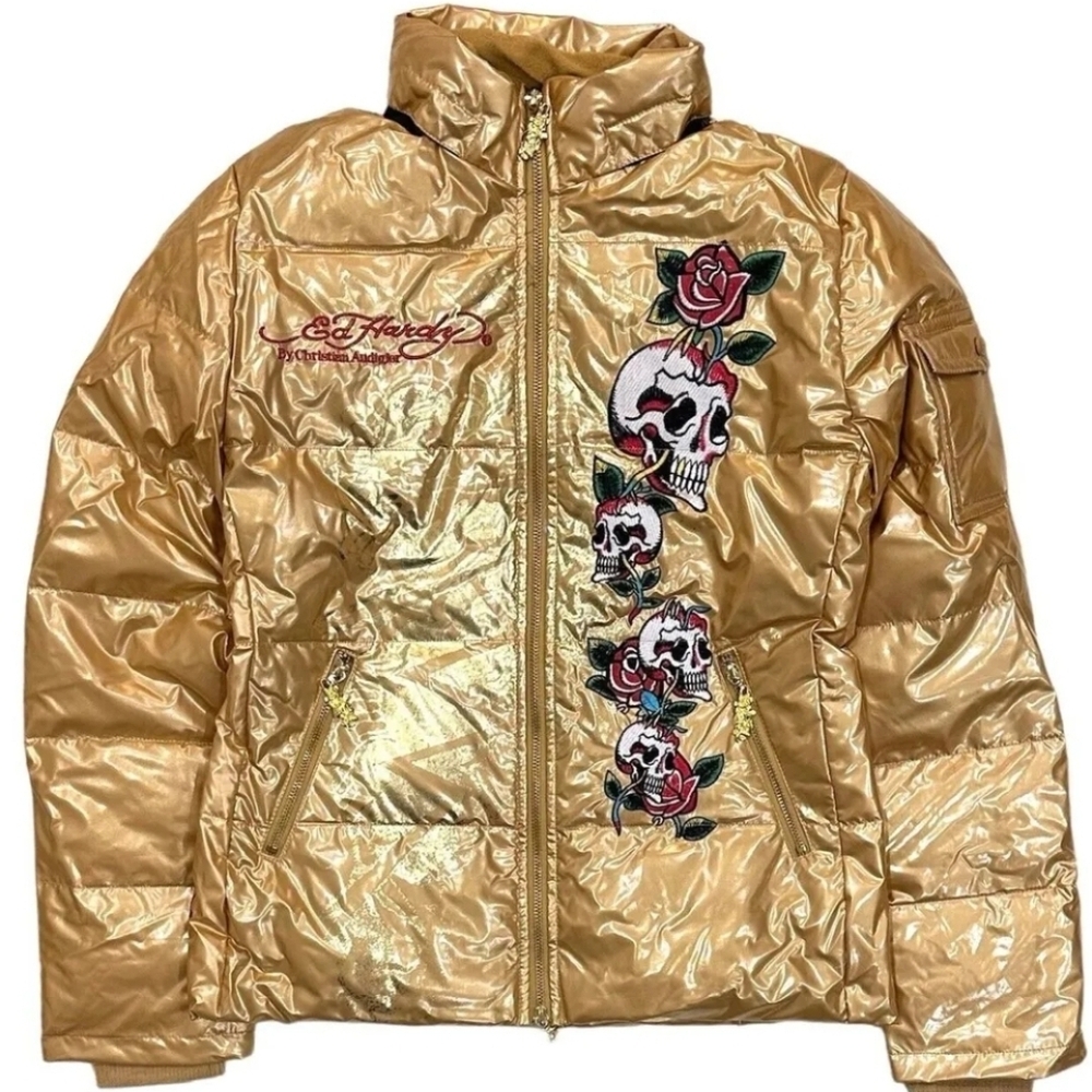 Ed Hardy by Christian Audigier Women's Embroidered Removable Hood Puffer Jacket - Picture 4 of 5